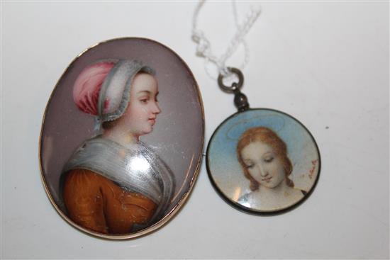 Circular pendant painted Madonna del Cardellino after Raphael, signed & a ceramic brooch with The Chocolate Girl after Liotard (2)